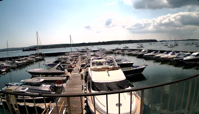 A marina filled with various yachts and boats docked along wooden piers, with a cloudy sky overhead and a distant shoreline in the background.