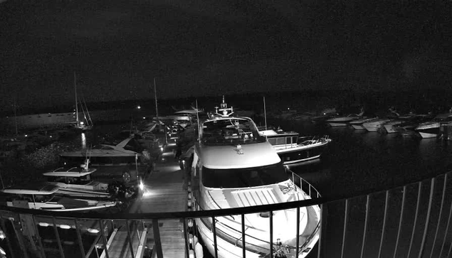 A black-and-white photo of a marina at night showing several boats and yachts docked along a pier. The scene is illuminated faintly, with some lights on the boats and a dark, cloudy sky overhead. A curved metal railing is in the foreground.