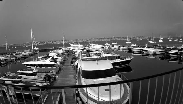 A black-and-white image showing a marina with numerous boats and yachts docked along piers. The water is calm, and the background features a distant shoreline under a cloudy sky. A railing is visible in the foreground, suggesting the photo was taken from a balcony or walkway.