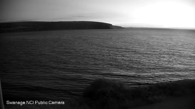 A black-and-white image from a webcam shows a calm body of water with gentle ripples. In the distance, there is a horizontal landmass or cliff extending across the horizon. The sky appears light, contrasting with the darker land and water. Text at the bottom of the image reads "Swanage NCI Public Camera."