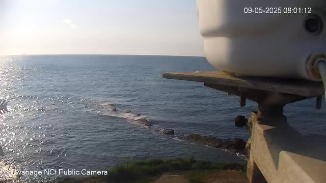An ocean view taken from a webcam, showing the water shimmering in the sunlight, with gentle waves and rocks partially submerged near the shoreline. The sky is clear with a few clouds, and the image is timestamped with the date and time in the upper right corner.