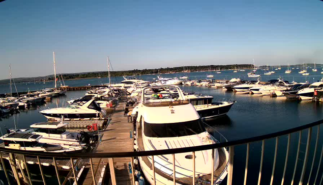 A marina filled with various boats and yachts docked along wooden piers, with calm water reflecting the vessels. In the background, there is a wide expanse of water with more boats and a distant shoreline with trees. The sky is clear and blue.