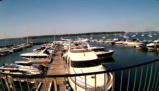 A marina filled with numerous white and dark-colored boats docked along wooden piers. The boats vary in size, with some larger yachts and smaller vessels. The water is calm and reflects the boats and the clear blue sky above. In the background, there is a tree-lined shoreline. The photo appears to be taken from a vantage point behind a curved railing.