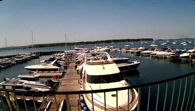 A marina filled with various boats and yachts docked along wooden piers, with calm water reflecting the vessels, under a clear blue sky and distant shoreline with trees.