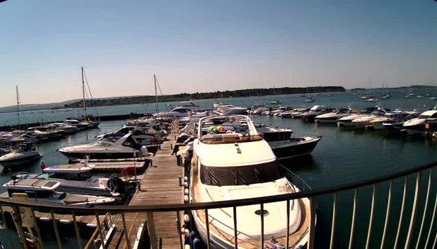 A view of a marina filled with numerous boats and yachts moored along wooden docks under a clear blue sky. There is a metal railing in the foreground, and in the background, a strip of land with some trees and a few sailboats anchored further out in the water.