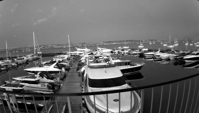 A marina filled with numerous boats and yachts docked along wooden piers, with a calm body of water extending to the horizon and a cloudy sky overhead. A curved railing is visible in the foreground.