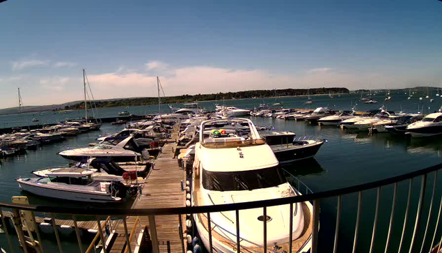 A marina filled with numerous docked sailboats and motorboats, with a wooden pier extending into the water under a partly cloudy sky. The boats are lined up along the sides of the pier, and a railing is visible in the foreground. In the background, there are low hills and a calm body of water.