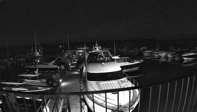 A black-and-white image of a marina at night, showing several boats docked closely together. The boats vary in size and style, with some appearing as small sailboats and others as large yachts. The scene is viewed from a balcony or platform with a metal railing in the foreground, and the boats are illuminated lightly against a dark sky.
