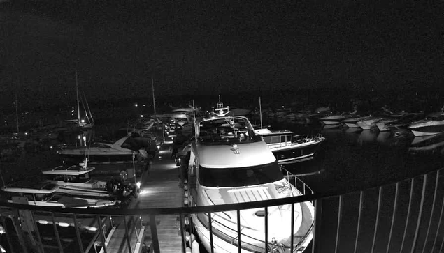 A marina at night with several yachts and boats docked. The view is from a balcony with a metal railing in the foreground, and there are dim lights illuminating the boats and piers. The sky is dark, indicating it’s nighttime.
