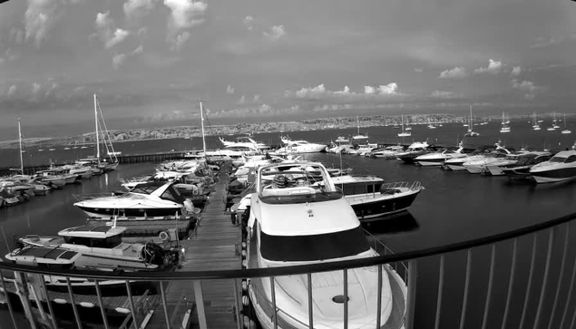 A black-and-white image of a marina filled with various boats and yachts docked along wooden piers. The photo is taken from an elevated position behind a curved metal railing, with the open water and a distant shoreline visible in the background under a partly cloudy sky.