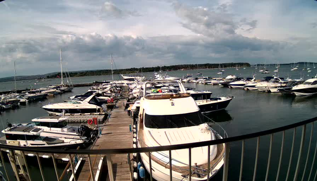 A marina filled with numerous boats and yachts docked along wooden piers, with sailboats floating on the water under a cloudy sky. A curved metal railing is visible in the foreground.