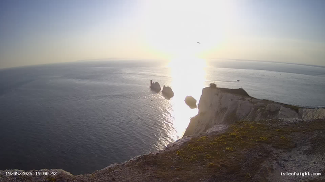 A panoramic view of the ocean at sunset shows white chalk cliffs in the foreground with patches of moss and grass. The cliffs drop steeply into the sea below, which is calm with gentle ripples. Several large sea stacks are visible offshore, and a small lighthouse stands on top of one of the stacks. The sky is mostly clear with the sun low on the horizon, creating a bright reflection on the water. A small boat can be seen sailing in the distance. The image is timestamped "19/05/2025 19:00:42" and the website "isleofwight.com" is visible in the bottom right corner.