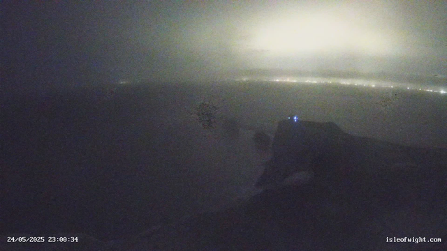 A dark, foggy scene with limited visibility, showing faint lights in the distance and a timestamp in the bottom left corner. The image appears to be taken from a webcam, possibly reflecting on a window or glass surface.
