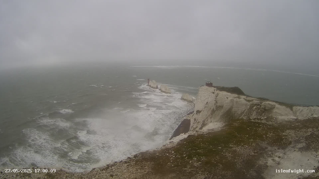 A panoramic view of a stormy coastline with white chalk cliffs and two prominent lighthouse structures on the edge of the cliffs. The ocean waves are choppy, crashing against the base of the cliffs, and the sky is overcast with thick gray clouds, creating a moody and turbulent atmosphere.
