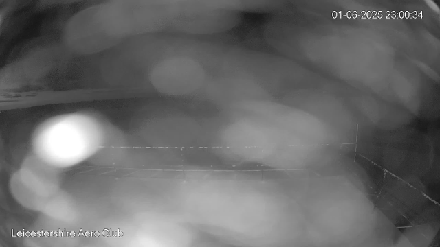 A black and white webcam image showing the inside of an enclosed space, possibly a birdhouse or nesting box. The floor, which appears dark, has a few scattered objects or debris. The walls are faintly visible, with some wire or mesh supports along the edges. The scene is dimly lit, and the image is somewhat blurry. The top right corner displays the date and time as "01-06-2025 23:00:34." The bottom left corner has the text "Leicestershire Aero Club."