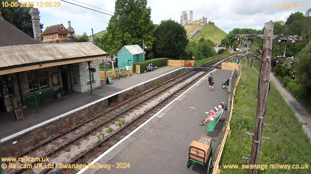 A small train station with a stone building on the left, a green shed, and a platform with green benches. Several people are sitting and standing on the platform, some with children. Railway tracks run through the center, with yellow safety barriers on either side. In the background, there is a hillside with a castle ruin on top, surrounded by lush green trees. A tall wooden utility pole with electrical wires is on the right side of the image. The sky is partly cloudy.