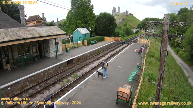 A small railway station platform with a stone building on the left, a few benches, and a person standing with a dog near the tracks. A person with a backpack is walking along the platform. In the background, there are green trees, a small teal-colored shed, colorful wooden fencing, and a hill with ruins of a castle atop it. A wooden utility pole with electrical wires is on the right side, and there is a narrow path running parallel to the tracks on the far right. Several people are visible sitting on benches and walking along the platform, and the overall scene suggests a quiet, scenic location.