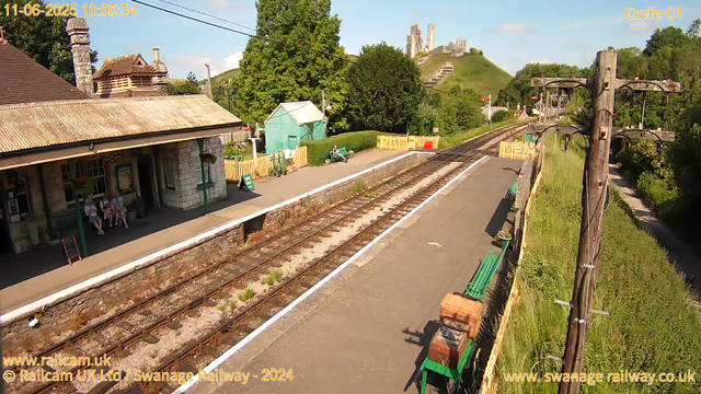 A small train station with a platform on the left side where three people are sitting on a bench, and a green building behind them. Train tracks run through the middle of the image, curving slightly to the right and leading towards a hill with ruins of an old castle at the top. In the background, there are lush green trees and a partly cloudy blue sky. A wooden utility pole with wires is on the right side, and there are green benches and a flowerpot along the platform's edge.