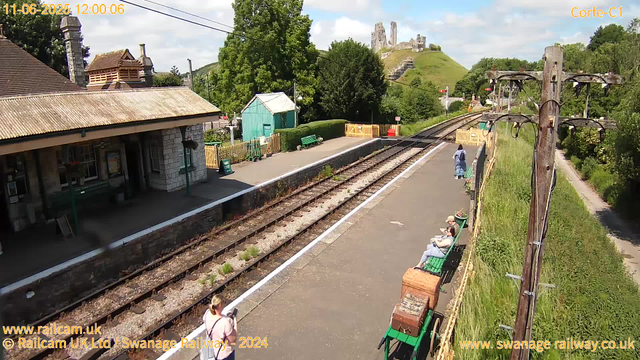A small rural train station platform with a few people sitting on green benches and one person standing near the edge, reading a book or a newspaper. There is a stone building with a sloped roof and a small porch on the left. Behind the platform, there are trees, bushes, and a small turquoise shed. Railroad tracks run parallel to the platform, stretching into the distance with a castle on a hill visible in the background. A wooden utility pole with electrical wires is on the right side of the image. The sky is partly cloudy with patches of sunlight.