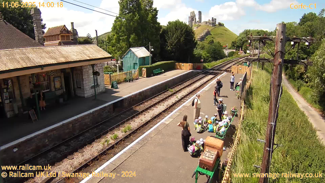 A small train station platform viewed from above on a sunny day. There are several children with helmets and backpacks sitting on the ground near the edge of the platform, facing a few adults who are standing nearby. One person appears to be talking to the group, while others stand around. The station building is on the left, with a green bench on the platform and a small turquoise shed. In the background, a hill with ruins or old buildings sits under a partly cloudy sky. A few trees and bushes are visible around the station.