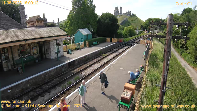 A small train station platform with a stone building on the left, a few people waiting or walking, some sitting on benches, and a set of train tracks running through the middle. In the background, there is a green hill with castle ruins on top, surrounded by trees. A wooden fence and utility poles with wires run along the right side of the platform. The sky is clear, and the scene appears to be during the daytime.