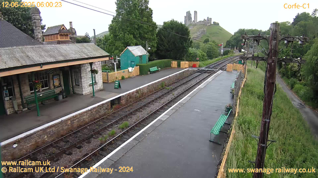 A small train station platform with a stone building on the left, green benches, and a hedge behind. There are train tracks running through the center and a green shed at the far end. A hill with ruins or a castle sits in the background on the right, and several trees surround the scene. An overhead power line runs across the image, and a wooden utility pole is visible on the right. The sky is overcast.