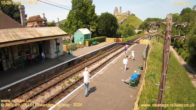 A small train station platform with a few people waiting or walking. There is a building on the left with a tiled roof, potted plants, and a small shelter with benches underneath. A man is sitting on a bench on the right, and another person is standing nearby. In the background, radio towers and a green hill with ruins of an old castle or fortress on top can be seen. There are wooden telegraph poles along the right side of the platform, and the railway tracks run through the middle. The weather is sunny, with clear skies and green trees surrounding the area.