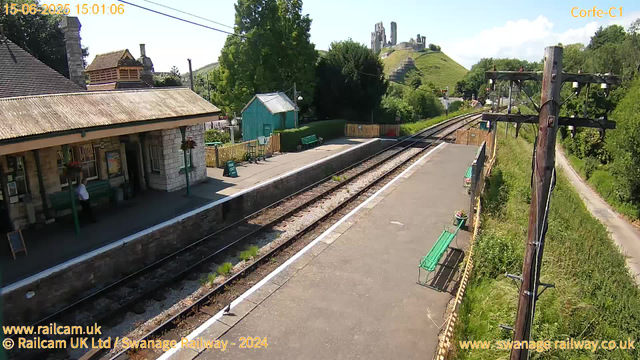 A small train station platform with a stone station building, a green bench, and a dark green door. There are hanging flower baskets and a small blue shed nearby. Two benches with flowers sit along the platform edge. A railway track runs parallel to the platform, with a line of utility poles carrying electrical wires on the right. In the background, there is a hill with ruins of an old castle or fortress at the top. The sky is mostly sunny with some clouds. The date and time are displayed in the top left corner: June 15, 2025, at 15:01:06.