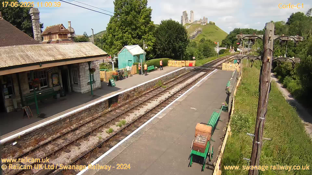 A small train station platform with a stone building on the left and a green bench. Four people are standing or walking near a teal-colored shed at the end of the platform, some wearing orange vests. The railway tracks run through the center, with a grassy area and trees on the right side. Utility poles with attached wires run alongside the tracks. In the background, there is a hill with ruins of an ancient castle at the top, surrounded by green fields and trees. The sky is partly cloudy with patches of sunlight. The timestamp shows the date as June 17, 2025, at 11:00:39.