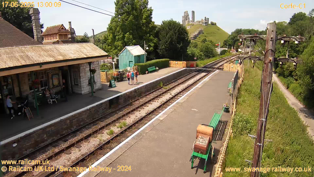 A small railway station platform with a stone building on the left, where a few people are waiting. Four people with backpacks are standing near the center of the platform. There are green benches and a small turquoise shed in the back. A row of railway tracks runs along the platform, and to the right, there are tall wooden utility poles with wires. In the background, green trees and a grassy hilltop with a castle ruin atop it are visible. The sky is mostly clear with some light clouds. The image has a timestamp of June 17, 2025, at 1:00 PM.