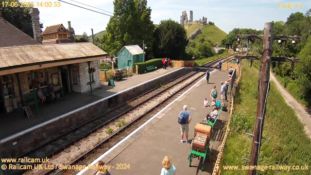 A small train station platform with a stone shelter on the left, where a few people are sitting on green benches. Several passengers are standing or sitting along the platform, some with luggage or backpacks. There is a row of green benches and a small green storage building towards the back. The tracks extend from the foreground into the distance, with overhead electric wires supported by wooden poles on the right. In the background, there is a grassy hill with the ruins of a castle on top. The weather appears clear and sunny, with green trees surrounding the area. The timestamp indicates the date and time as 17-06-2025 at 14:00:33.