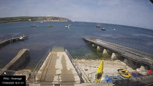 A view of a harbor with several boats floating on calm water, a concrete pier extending into the water, and a small boat docked on the left side. There is a seagull flying above the water, and cliffs with green vegetation in the background under a partly cloudy sky. Some equipment, including a yellow kayak and a small yellow inflatable boat, is visible at the bottom of the image. The image is timestamped "17/06/2025 16:01:01" and labeled "RNLI - Swannage" at the bottom left corner.