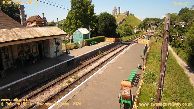 A small train station platform with a building on the left side, featuring a tiled roof and a waiting area. There are green benches along the platform, some potted plants, and a trash bin. Railway tracks run through the middle, with grass and weeds growing between the rails. To the right, there are wooden utility poles with wires, and a grassy area with trees and shrubs. In the background, a hill with a castle ruin or old stone fortress is visible atop, surrounded by lush green trees and a bright, clear sky. The timestamp on the image reads "18-06-2025 13:00:16."