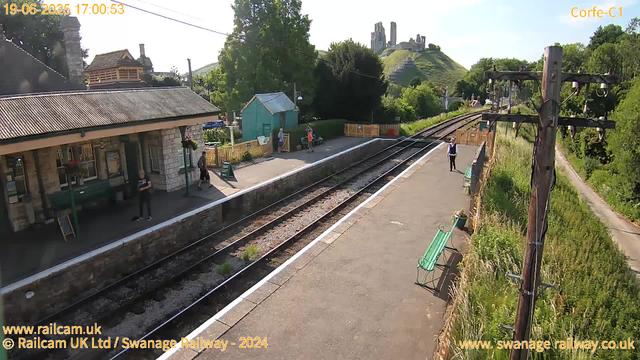 A small train station platform with a stone building on the left, a few people waiting, some standing near a teal shed, and a person walking along the right side. The railway tracks run through the middle, with a hill and castle ruins visible in the background on a sunny day. There are benches along the platform and an electrical pole on the right with wires extending from it. Greenery and trees surround the area.