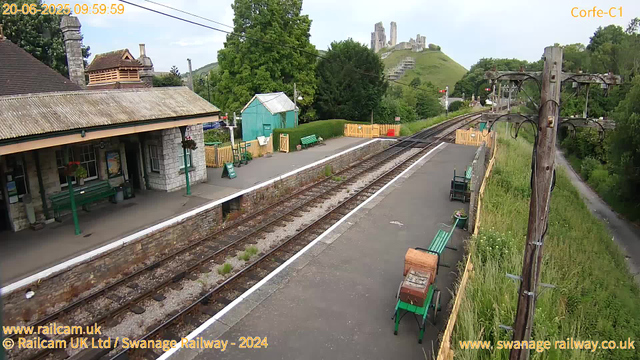 A train station platform with a building on the left, featuring potted plants and hanging flower baskets. There are green benches along the edge of the platform, and a small turquoise shed in the background. Railroad tracks run through the center, with a yellow safety barrier and some red and white signs further down. To the right, there are tall power poles with electrical wires, some with insulators, and grassy areas with flowers. In the background, a hill with ruins of an old castle or fortification is visible atop a grassy slope. The sky is partly cloudy with patches of blue. The timestamp at the top shows "20-06-2025 09:59:59."