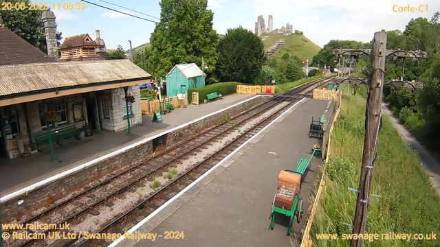 A small railway station platform with several green benches, a stone station building with hanging flower baskets, and a small green shed. The railway tracks run through the middle of the image, with a row of wooden signal poles on the right side. There are also some small flower planters and carts on the platform. In the background, a lush green hillside with trees and a historic castle ruin on top of the hill. The sky is partly cloudy with patches of blue.