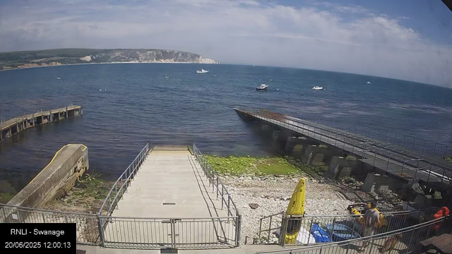 A view of a harbor with a concrete pier leading into the water, a green mossy area, and a person in a hat standing near some equipment. Boats are floating on the water, and a distant coastline with cliffs and greenery is visible under a partly cloudy sky.