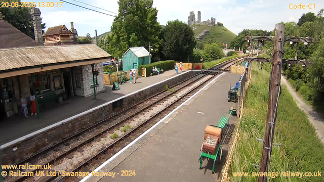 A small train station platform with a stone building on the left, where a few people are waiting. Some are standing, some are sitting on benches. There are a few potted plants hanging from the building’s exterior. The railway tracks run through the center, with greenery and trees on either side. In the background, a hill with a castle ruin on top is visible. On the right side of the platform, there are more benches, some with luggage, and a row of wooden utility poles with attached wires. The sky is mostly clear with a few clouds.