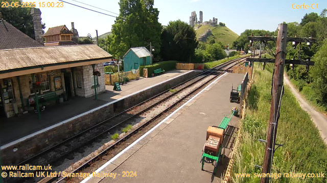 A small, quiet train station platform with a stone building on the left, featuring a wooden roof, hanging flower baskets, and a green bench. The tracks run through the middle, bordered by a low stone wall. To the right, there are green benches, potted plants, and a wooden fence separating the platform from a grassy area with a dirt path. In the background, a hillside with ruins of an ancient castle and lush greenery is visible, along with electrical poles and wires running alongside the tracks. The sky is clear and sunny.