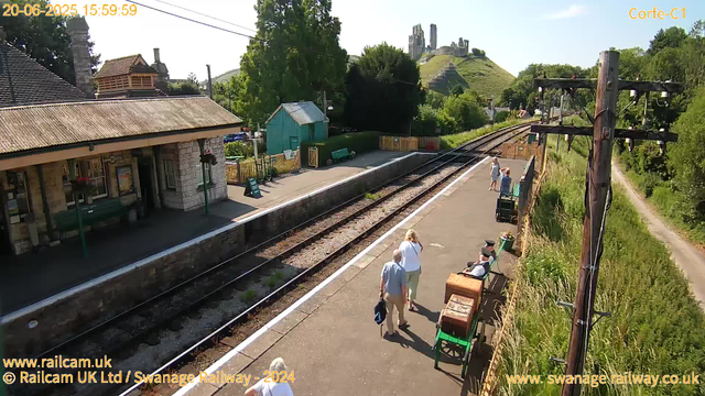 A small train station platform on a sunny day with a stone building on the left, a green shed behind, and a row of trees and greenery along the right side. Three people are walking on the platform, one carrying a bag, and a person sitting on a bench near the right edge. In the background, there are train tracks curving to the right, and a hillside with a historic castle or ruins on top. Two people are standing near the end of the platform, and utility poles with electrical wires run along the right side.