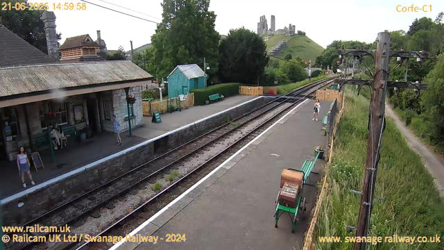 A small train station platform with a stone building on the left, where a few people are waiting, including a woman sitting on a bench and a woman standing nearby. There are floral hanging baskets on the building's exterior. A man in checkered shirt stands near the edge of the platform. The platform has green benches, one with a small brown suitcase on it. To the right, there's a narrow pathway running alongside tall grass and a wooden fence with a green gate. An electric pole with overhead wires runs along the right edge of the image. In the background, a hill with ruins of a castle or old fortification is visible atop a lush green landscape, and a small turquoise shed is situated behind the platform. The time and date are displayed in the top left corner, and website information is at the bottom.