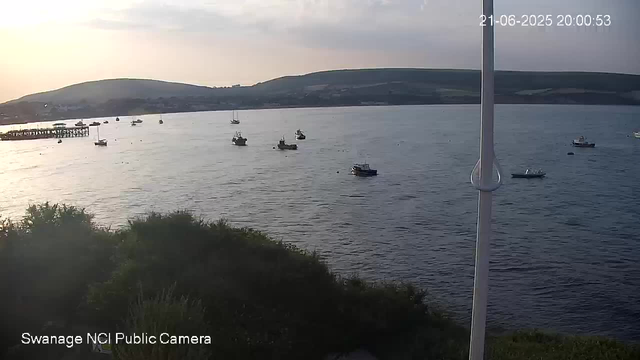 A view of a calm body of water with several boats anchored throughout the harbor. In the background, there are rolling hills with a partially cloudy sky, and a pier extends into the water on the left side. A large flagpole is visible in the foreground on the right side. The scene appears to be during sunset or early evening.