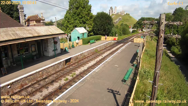 A small train station platform with a building on the left, featuring a stone facade and a corrugated roof. There are rail tracks running through the center, with some small weeds growing between the stones. On the right side, there are a few green benches and a fence, with a wooden pole carrying electrical wires. In the background, a green hill with trees and a castle ruins on top can be seen under a partly cloudy sky. A person stands near a yellow fence at the far end of the platform.
