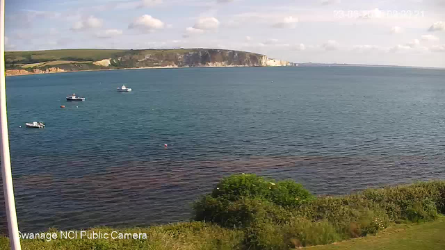 A wide view of a coastal scene showing a calm ocean with several small boats floating near the shore. In the background, there are white cliffs and green rolling hills under a partly cloudy sky. There is greenery and bushes along the near shoreline. The image appears to be captured from a webcam.