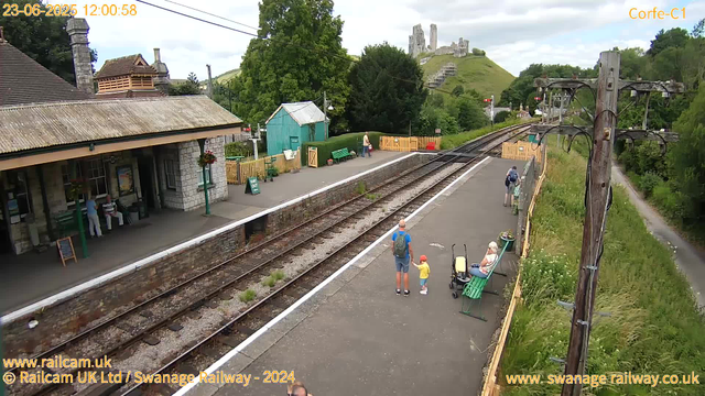 A small train station platform with a stone building on the left side, featuring a covered waiting area with a bench and hanging flower baskets. There are a few people on the platform, including an elderly woman sitting on a green bench, a man and two children holding hands, and a woman walking further down the platform. The railway tracks run through the middle of the image, with some greenery and a pathway on the right side. A tall wooden utility pole stands near the right edge. In the background, there is a hill with a castle ruin at the top, surrounded by trees and a partly cloudy sky.
