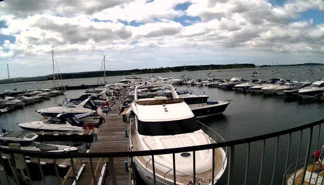 A marina with numerous boats docked at helms and alongside piers, under a partly cloudy sky with patches of blue. The scene is viewed from a balcony or platform with a curved railing in the foreground.