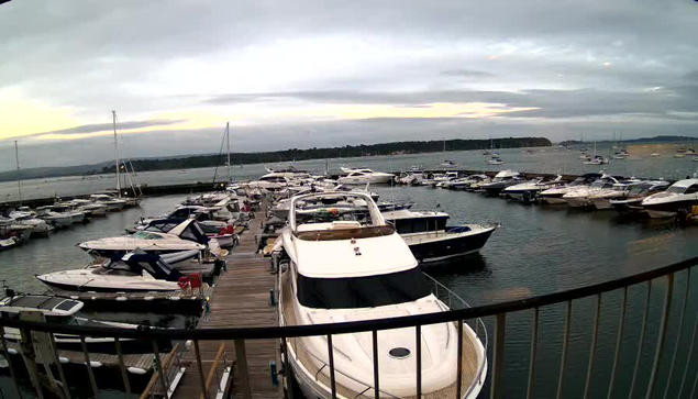 A marina filled with various boats docked along wooden piers. The boats are mostly white and vary in size, some with covered tops. The water is calm, and a cloudy sky stretches overhead. In the distance, there is a shoreline with trees and wind turbines.