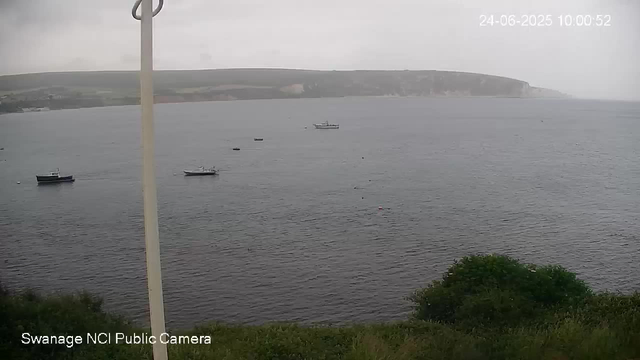 An overcast day at the water with several boats floating on the calm sea. A distant landmass with cliffs and greenery stretches across the horizon. In the foreground, a small patch of green grass and bushes is visible at the bottom right corner. A white vertical pole partially obstructs the view on the left side. The top right corner displays a timestamp reading "24-06-2025 10:00:52."