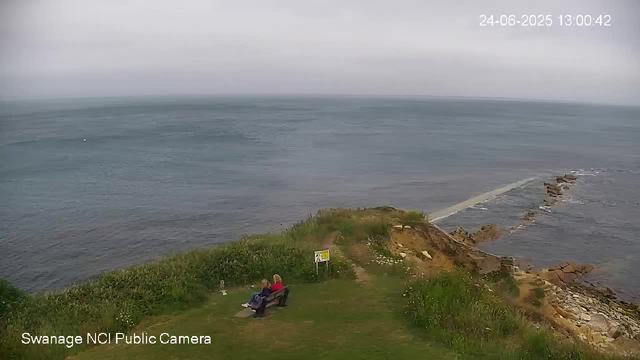 Two people are sitting on a bench near a grassy area by the seaside, overlooking the ocean. The sky appears overcast with a cloudy horizon. There is a small sign and some rocks along the coastline on the right side. The timestamp shows the date as June 24, 2025, at 1:00 PM.