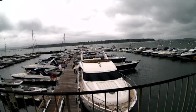 A marina with a wooden dock extending into the water, filled with numerous docked boats and yachts. The sky is overcast with gray clouds, creating a moody atmosphere. A black metal railing is visible in the foreground, curving along the edge of the dock. In the background, there's a distant shoreline with trees and a few more boats sailing on the water.